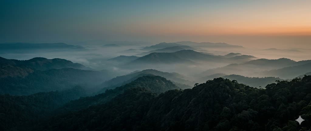 Sunrise over the misty hills of Chikmagalur, the Western Ghats